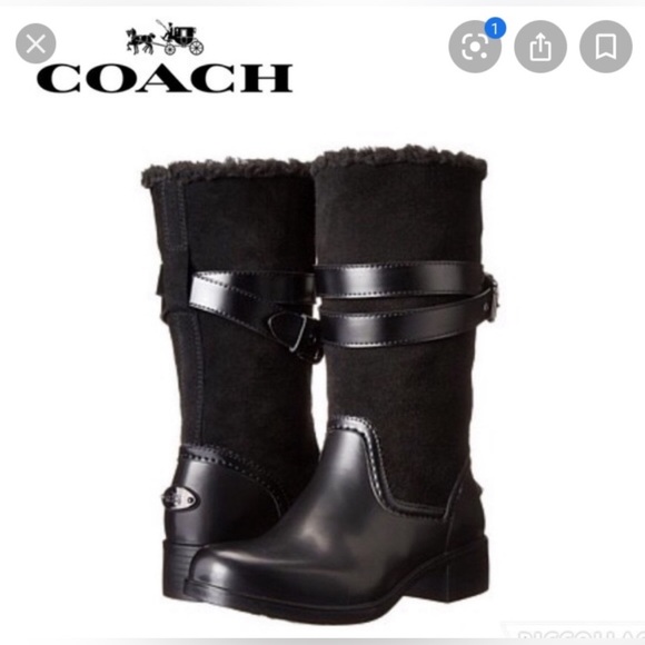 COACH ZENA Suede Rubber Shearling Midcalf Snow Rain Motorcycle Pull on BOOTS 6 - Picture 2 of 10